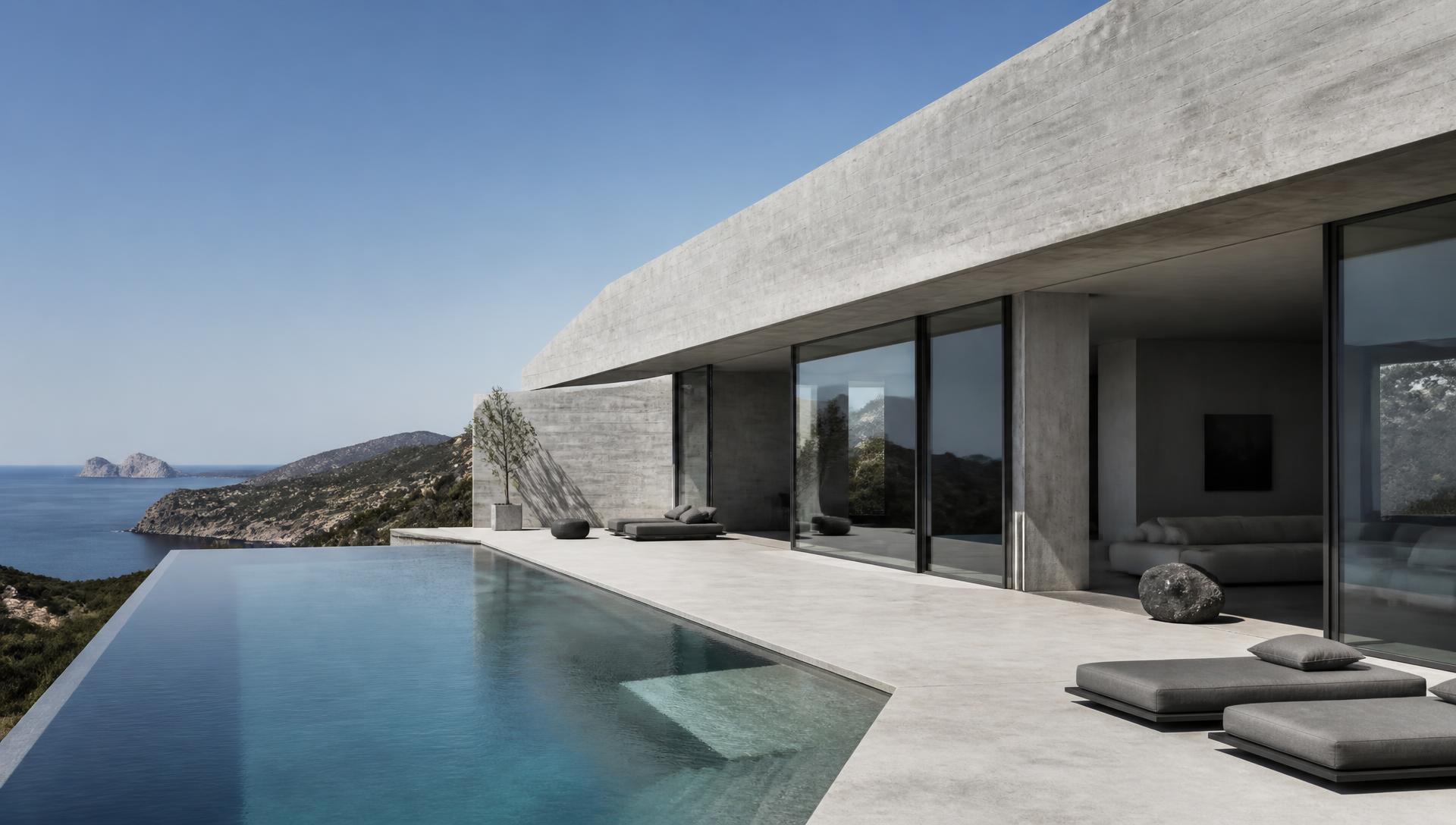 Minimalistische Betonvilla mit Infinity-Pool am Mittelmeer